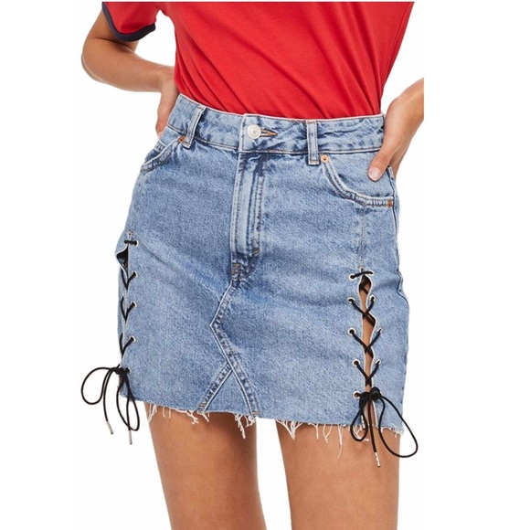 Topshop Dresses & Skirts - Like new Topshop Moto Lace Up denim Mini Skirt 8